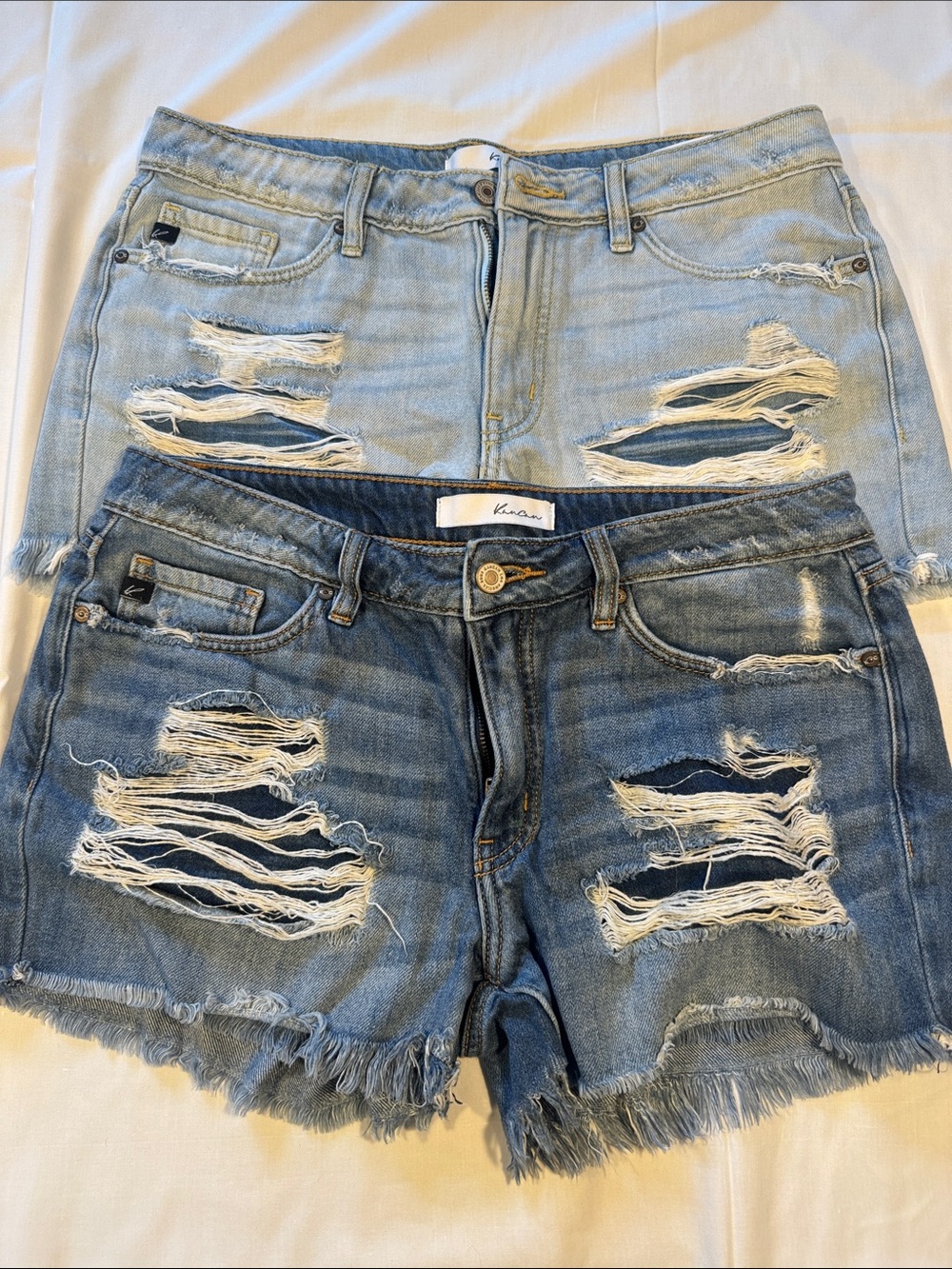 KanCan Distressed Double Denim Jean Shorts - Light & Medium Blue